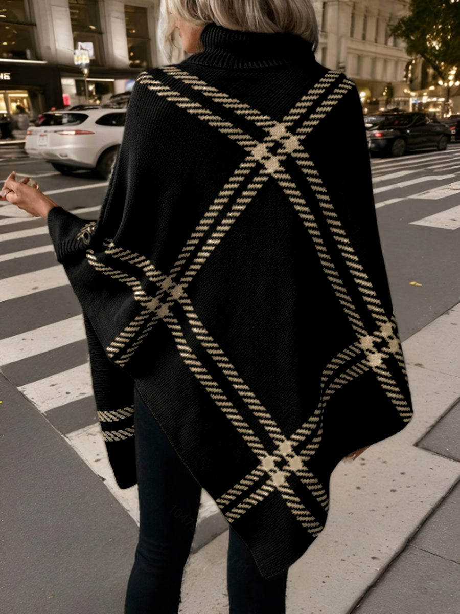 Elegant Special "Pure Body Bust" 1pc Elegant Women's Plaid High-Neck Pullover Shawl, Side Faux Button Decoration, Asymmetrical Hem Design, 100% Polyester, Fashionable Vintage Pullover, Elegant Outerwear for Autumn and Winter. Suitable for Spring - Black