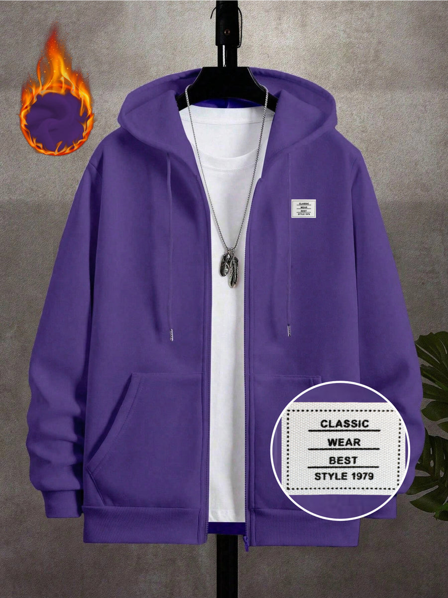 95% Polyester 5% Spandex, Men's Casual Pocket Zipper Drawstring Hooded Sweatshirt, Chest Placement Patch Embroidery, 240g Global All-Season Base Layer, Factory-Made for Men's Comfort, High Quality, High Fit Rate, Casual Sportswear - Purple