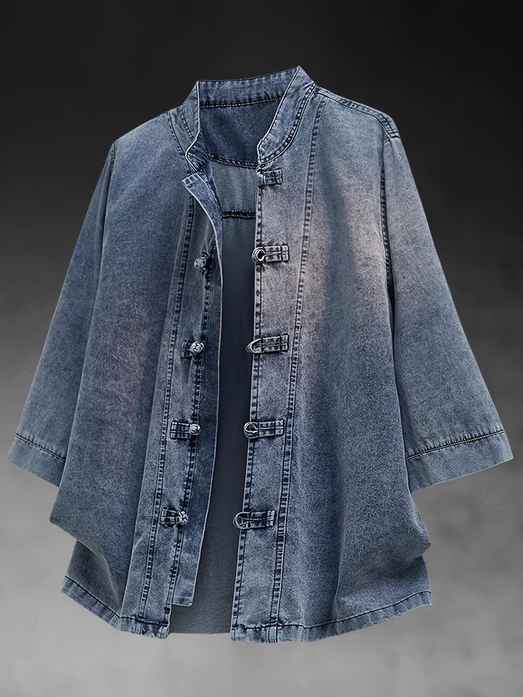 Xingmengzhi OBM Men's Denim Shirt, Three-Quarter Sleeve Loose Fit New Chinese Style Chinese-Inspired Button-Up Top, Stand Collar Thin Denim Cardigan - Blue