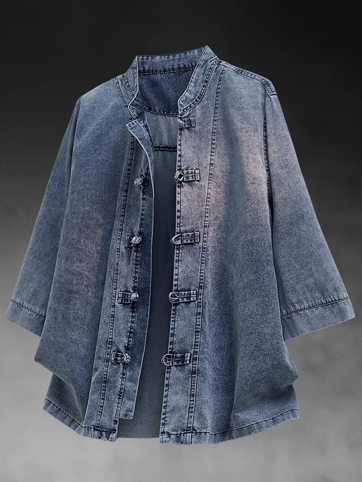 Xingmengzhi OBM Men's Denim Shirt, Three-Quarter Sleeve Loose Fit New Chinese Style Chinese-Inspired Button-Up Top, Stand Collar Thin Denim Cardigan - Blue