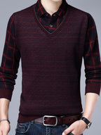 Spring/Autumn New Men's V-Neck Polo Shirt, Plaid Patchwork Long Sleeve, Business Casual 2-in-1 Look Pullover Base Layer Men's Apparel - Burgundy