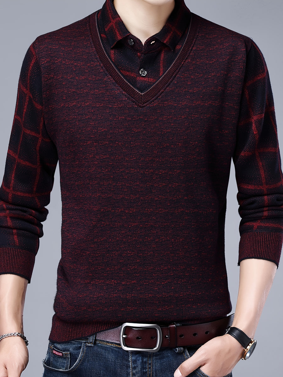 Spring/Autumn New Men's V-Neck Polo Shirt, Plaid Patchwork Long Sleeve, Business Casual 2-in-1 Look Pullover Base Layer Men's Apparel - Burgundy