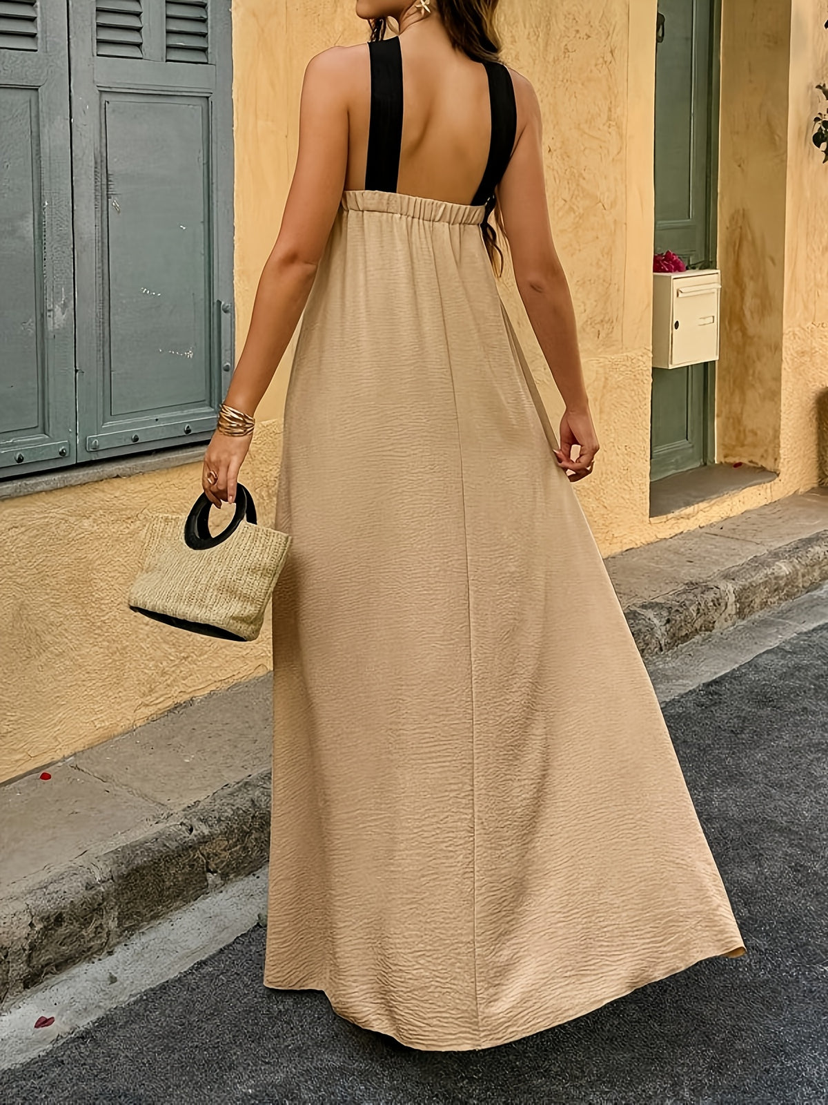 Elegant and Fashionable Women's Faux - Long Maxi Dress with Contrasting Colorblocking and A-line Hem, Featuring Crisscross Spaghetti Straps. Comfortable for Casual Outings, Vacations, Dates, and Romantic Beachwear, This Off-shoulder and Backless - Khaki