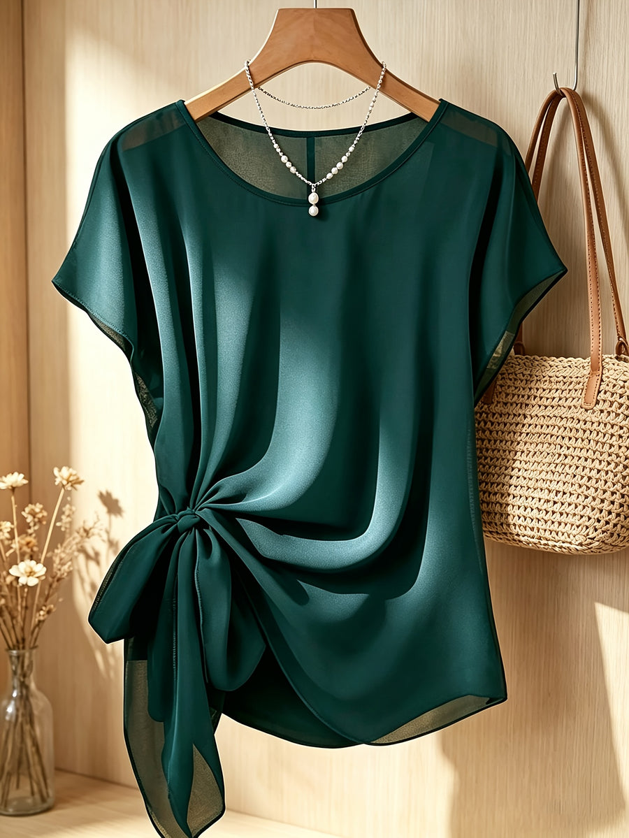 Spring Summer Women'S Fashion Ruffled Waist-Cinching Irregular Hem Temperament Elegant Style Chiffon Short Sleeve Top - Dark Green