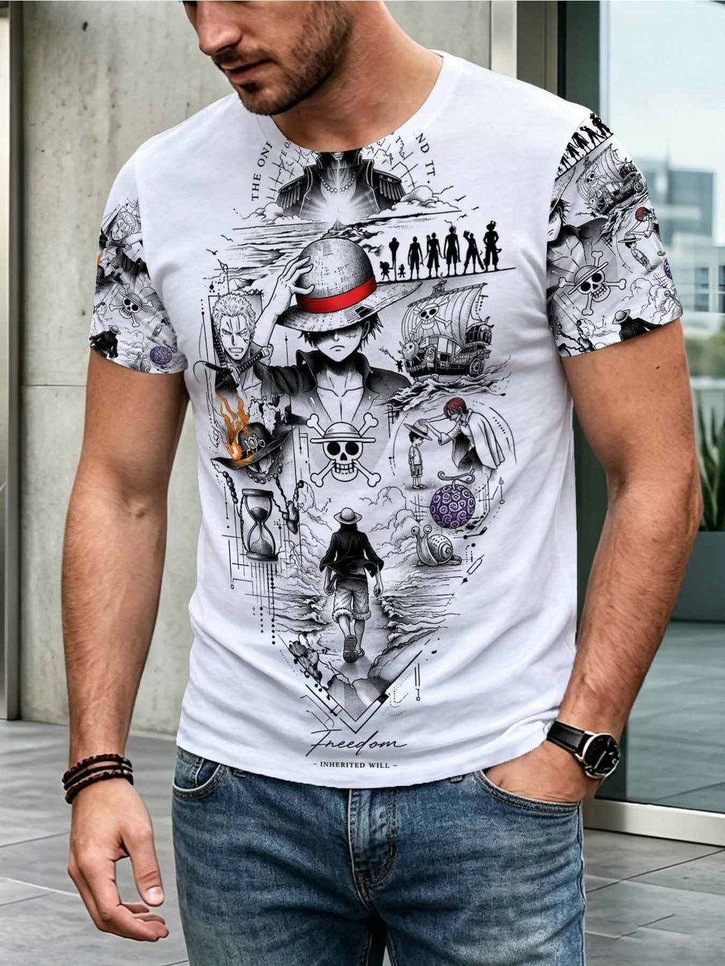 Men'sThemed Short Sleeve T-shirt,  Zoro Ace Shanks Joint Design,  Comic Style Printed Top, Suitable for Daily Commute Leisure Sports And Multiple Scenarios, Undershirt with Inherited Wi - Mixed colors