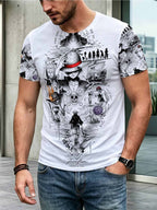 Men'sThemed Short Sleeve T-shirt,  Zoro Ace Shanks Joint Design,  Comic Style Printed Top, Suitable for Daily Commute Leisure Sports And Multiple Scenarios, Undershirt with Inherited Wi - Mixed colors