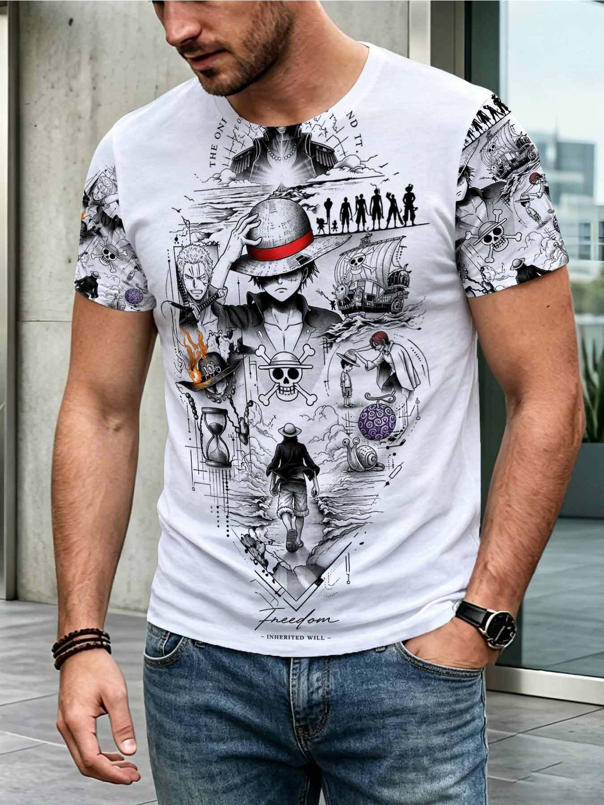Men'sThemed Short Sleeve T-shirt,  Zoro Ace Shanks Joint Design,  Comic Style Printed Top, Suitable for Daily Commute Leisure Sports And Multiple Scenarios, Undershirt with Inherited Wi - Mixed colors