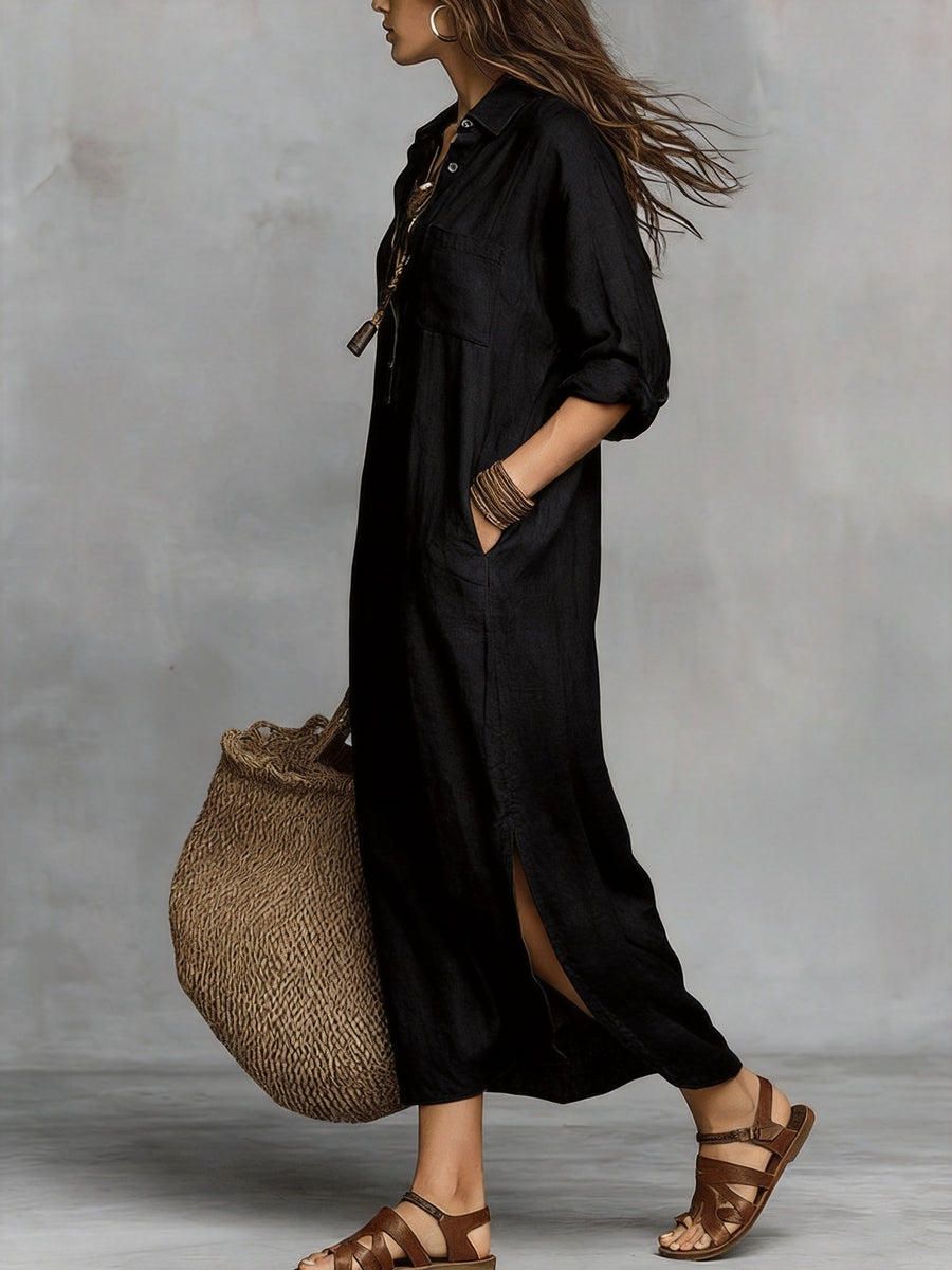 Women's Elegant Lapel Loose-Fit Long Sleeve Maxi Dress, Skin-Friendly and Breathable Faux Linen Fabric, Versatile for Vacation, Commuting, and Daily Wear, Flattering and Minimalist Design, Relaxed Style Long Dress for Spring, Summer, and Autumn - Black