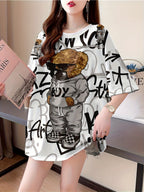 Summer New Large Size Loose Fashion Trend Slim Cartoon Round Neck Print Ladies Women'S Medium And Long Short-Sleeved T-Shirt Clothes - K140-W