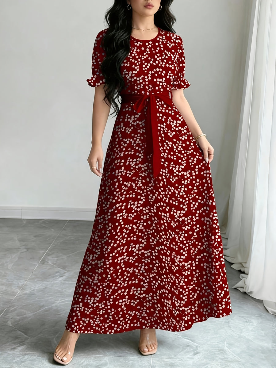 Women'S Printed Round Neck Casual Waist Dress - Red