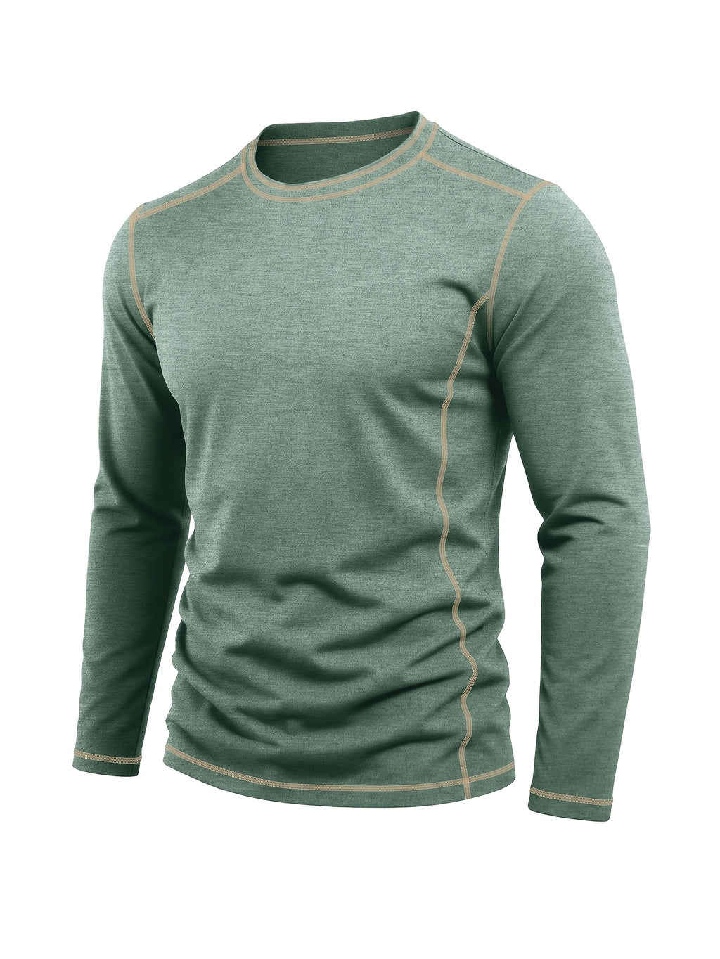Men's Retro Patchwork T-Shirt - Solid Color Base with Contrast Patch Suitable for Fall/Winter, Round Neck Long Sleeve Casual Layering Top, Machine Washable Blending Shirt for Outdoor & Casual Attire (Regular Fit) - Green