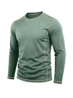 Men's Retro Patchwork T-Shirt - Solid Color Base with Contrast Patch Suitable for Fall/Winter, Round Neck Long Sleeve Casual Layering Top, Machine Washable Blending Shirt for Outdoor & Casual Attire (Regular Fit) - Green