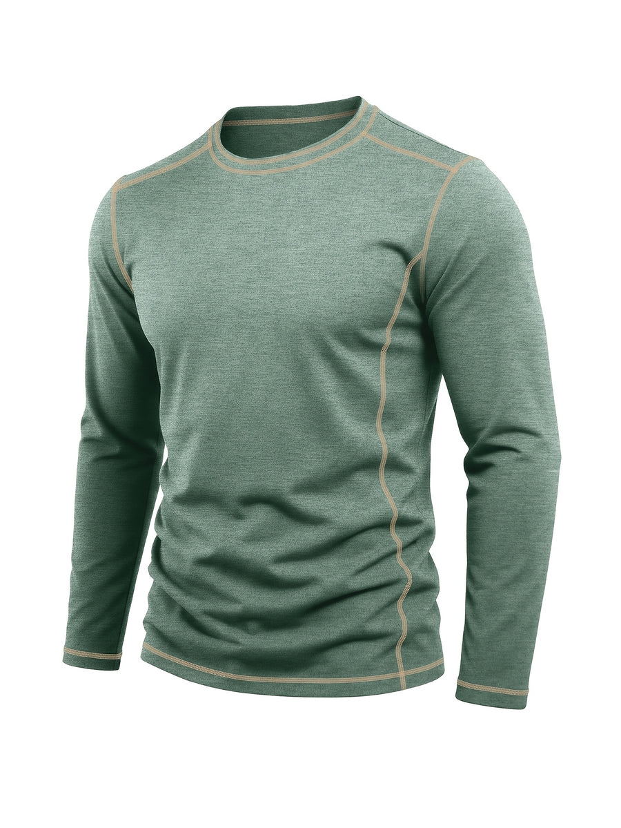 Men's Retro Patchwork T-Shirt - Solid Color Base with Contrast Patch Suitable for Fall/Winter, Round Neck Long Sleeve Casual Layering Top, Machine Washable Blending Shirt for Outdoor & Casual Attire (Regular Fit) - Green