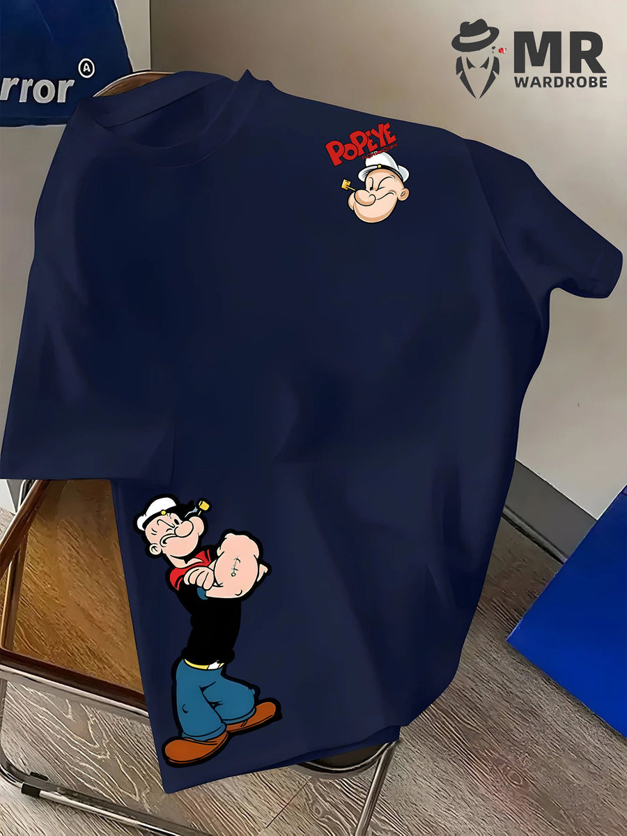 Men's Popeye the Sailorman Retro Graphic Short Sleeve T-Shirt - Vintage Cartoon Print, Breathable Knit Fabric, Regular Fit Round Neck Casual Summer Tee for Casual Attire, Machine Washable Top, Soft Texture Shirt - Navy Color