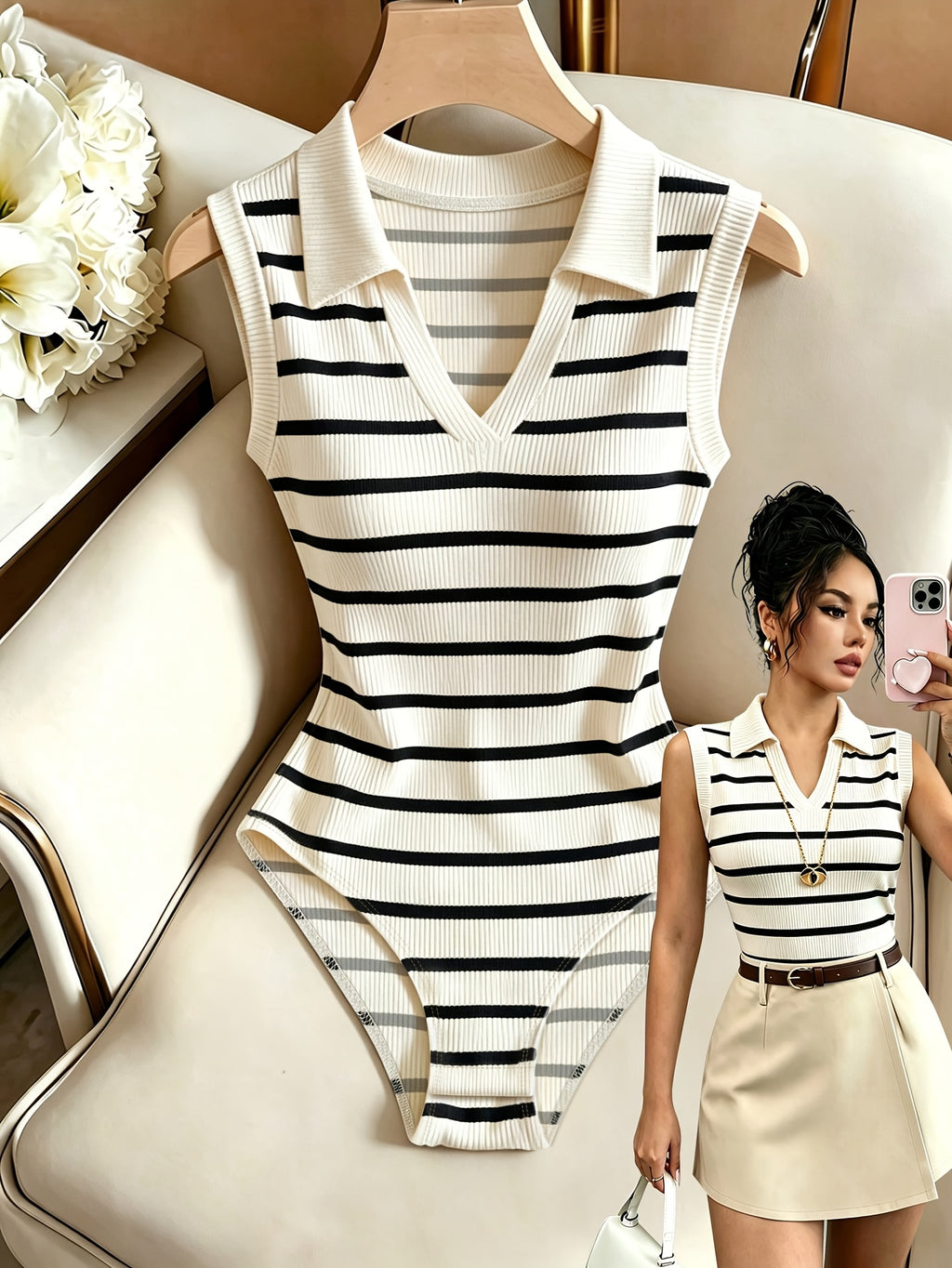 Directional Casual Striped Lapel Contrast Color Women's Elegant V-Neck Slim Fit Bodycon Top Without Accessories - Apricot