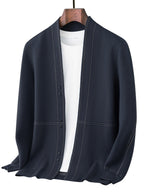 [Qiaoximei Obm] Men'S Knitted Cardigan Spring And Autumn Middle-Aged Striped Velvet Cardigan Jacket Men'S Business Casual Long-Sleeved Knitwear - Navy Color