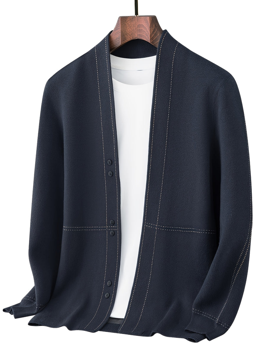 [Qiaoximei Obm] Men'S Knitted Cardigan Spring And Autumn Middle-Aged Striped Velvet Cardigan Jacket Men'S Business Casual Long-Sleeved Knitwear - Navy Color