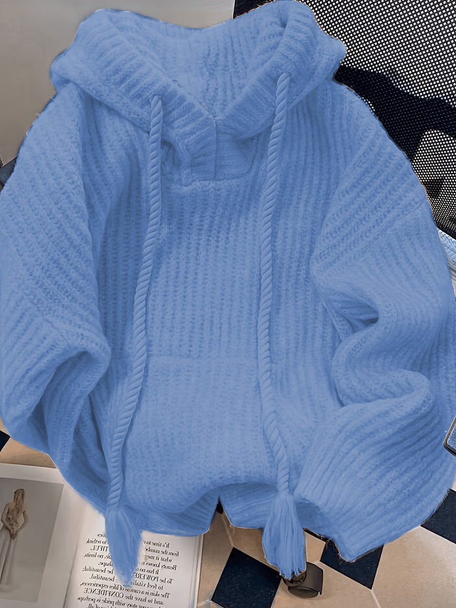 Hooded Chunky Cable- Sweater with Coarse Ribbed Texture, Tassels, Drawstring, Vertical Ribbed Detailing, and a Relaxed Fit. This Long-sleeve Pullover Features a Simple, Casual Design for a Laid-back and Effortless Look - Blue