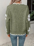 Women'S Floral Sweater, Elegant Directional - Olive Green