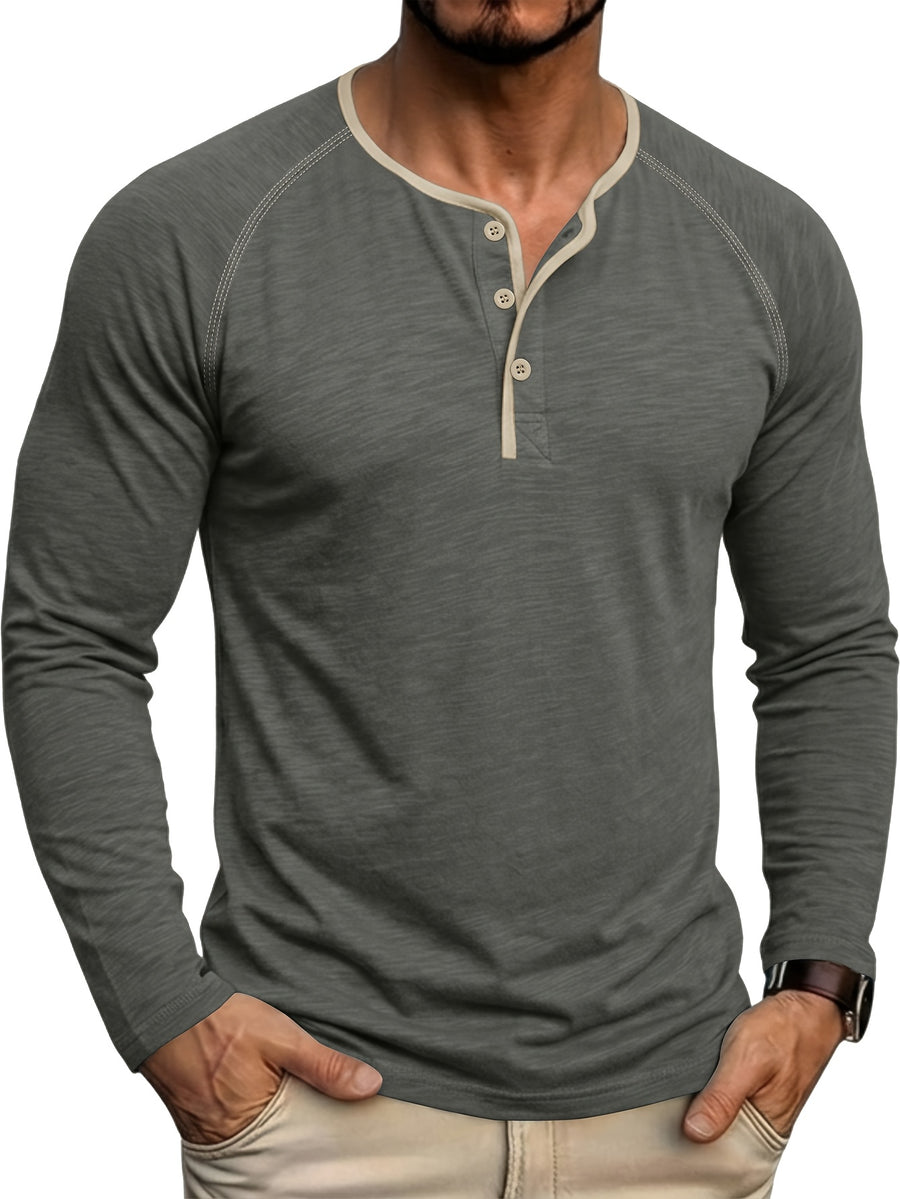 Autumn/Winter Cross-Border Men's Long Sleeve Crew Neck Henley Shirt, European and American Style Men's Pullover Base Layer T-Shirt - Dark Gray