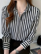 Women's Striped Button-front Shirt, Casual Long-sleeve Lapel Shirt - White