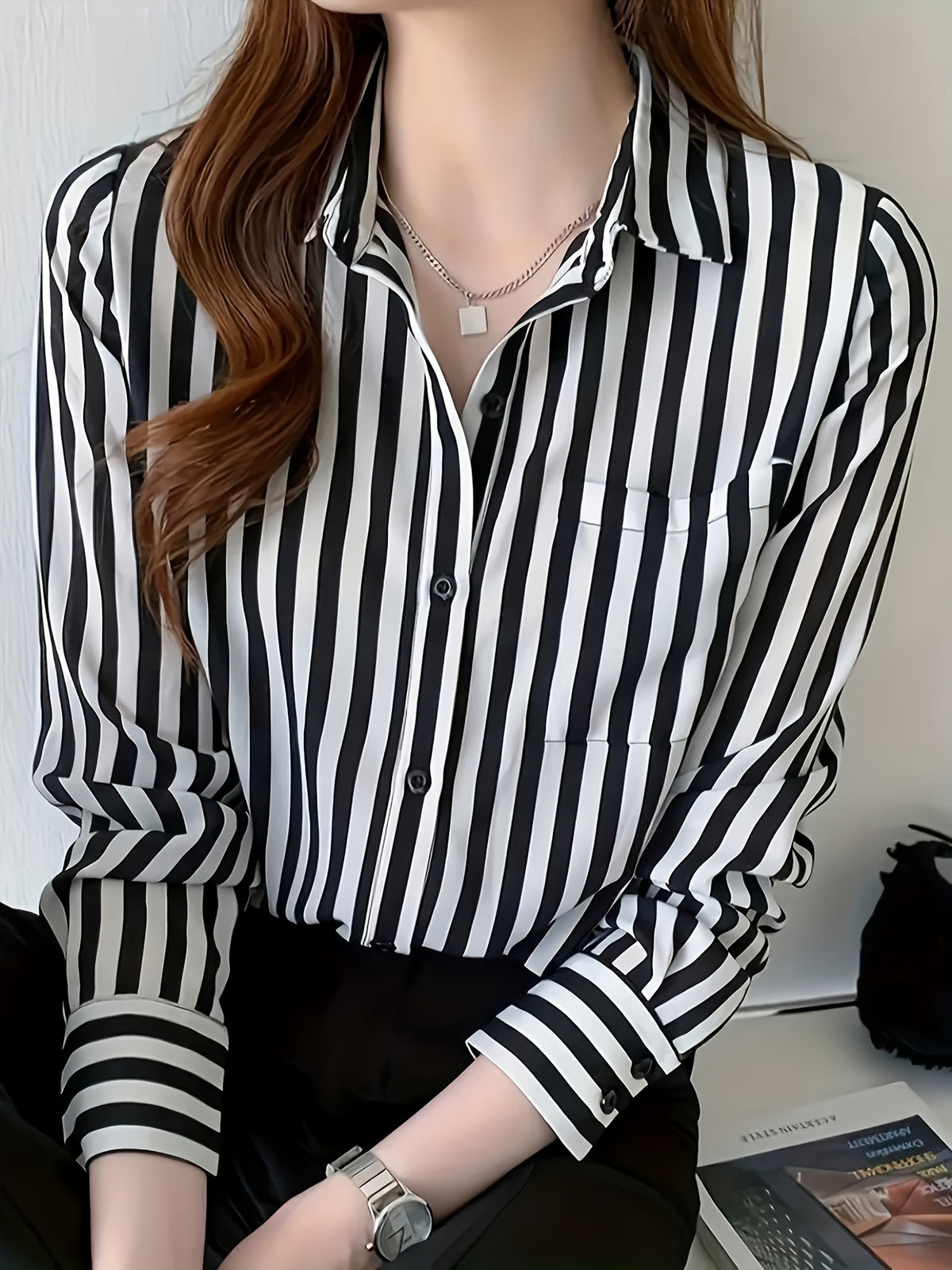 Women's Striped Button-front Shirt, Casual Long-sleeve Lapel Shirt - White