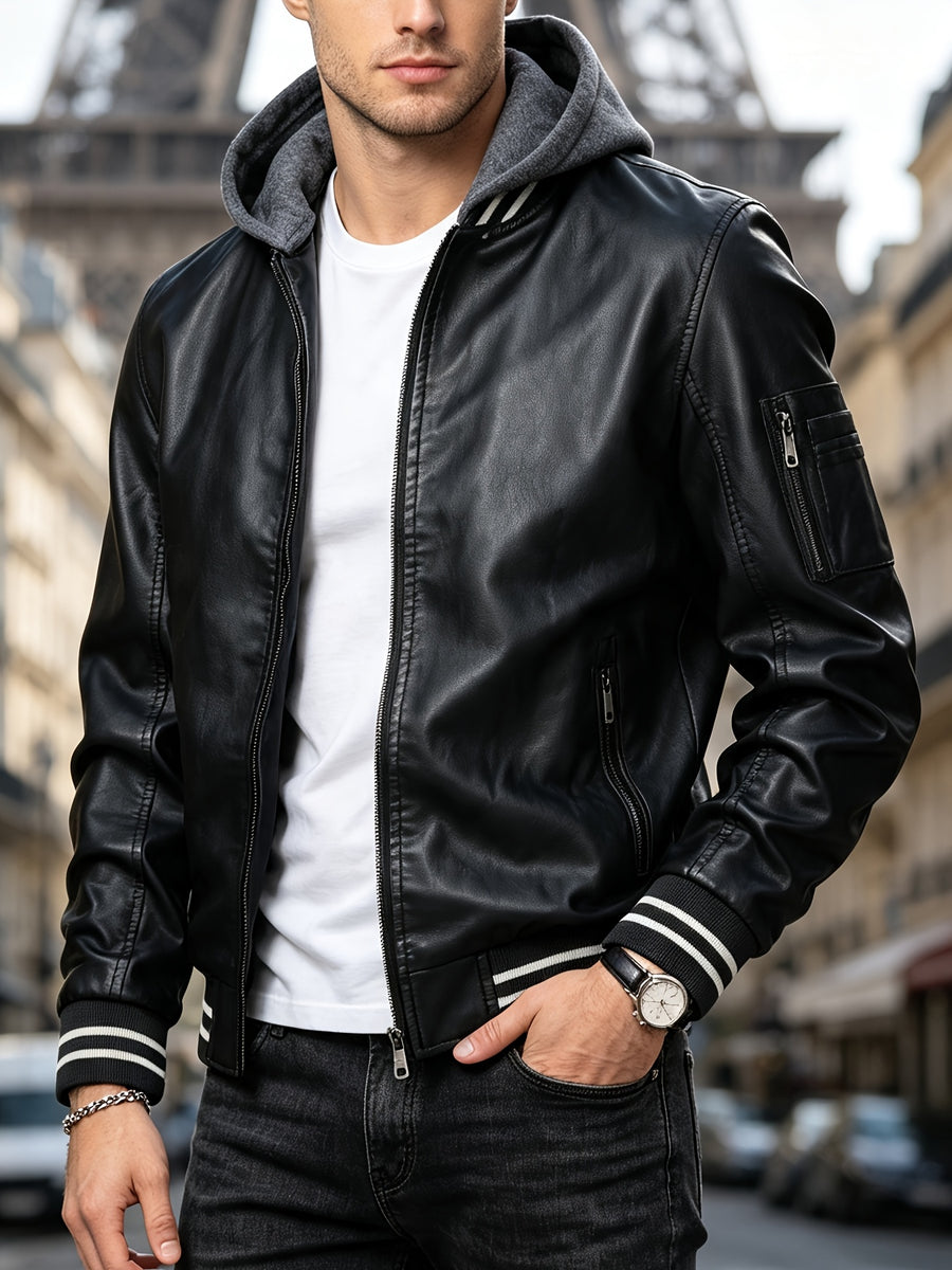 2026 New Best Choice 1pc Men'S Faux Leather Solid Color Hooded Lining Fleece Faux Leather Jacket Metal Zipper Multi-Pocket Design Casual Light Business Style Fall Slim Commute Daily Coat - Black