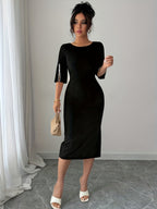 Women'S Pearl Embellished Round Neck Waist Ruffled Elegant Romantic Bridesmaid Dress - Black