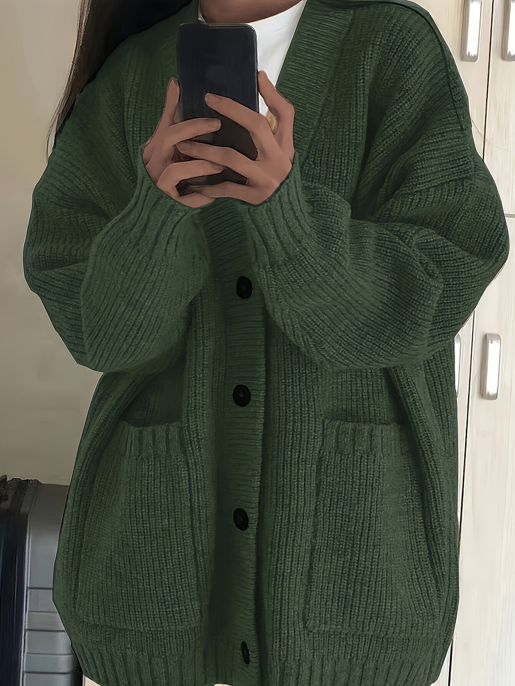 Women'S Autumn Winter New V-Neck Single Button Long Sleeve Solid Color Cardigan - Green