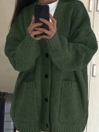 Women'S Autumn Winter New V-Neck Single Button Long Sleeve Solid Color Cardigan - Green