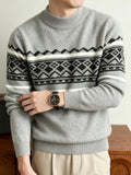 SENMEIGUO 2026 Autumn/Winter New Round Neck Knitted Sweater Men's Fashion Pattern Warm and Casual Bottom Top - Khaki