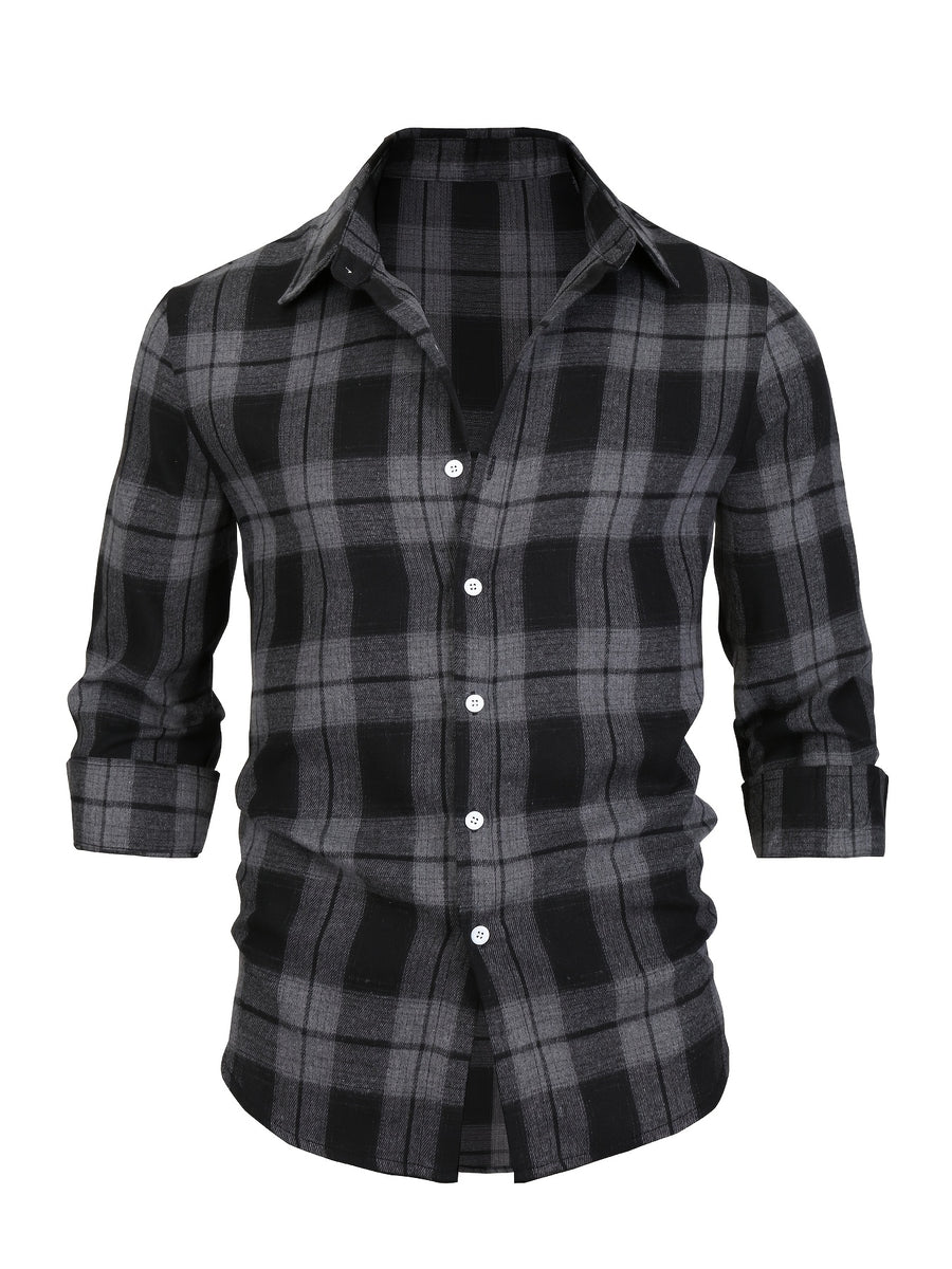 Men'S Color-Block Checkered Casual Shirt, Spring/Autumn Thin Breathable Fabric, Black Gray Plaid Top Men'S Clothing, Suitable for Daily Wear Collared Long Sleeve Button-Up Shirt, Travel Vacation Attire - Black And Gray Grid