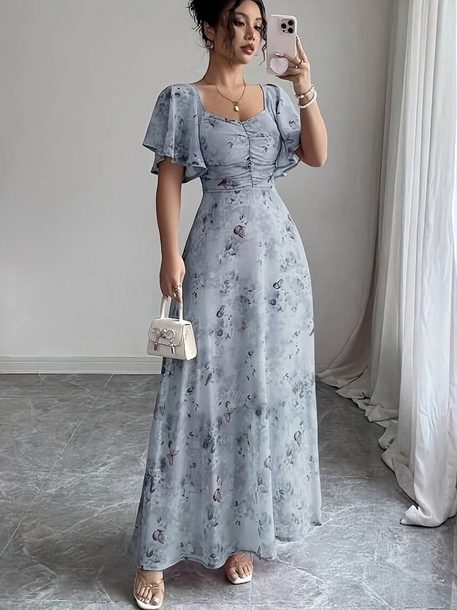 Elegant Everyday Casual Women's Chiffon Butterfly Print Batwing Sleeve Drawstring French-Style Sweet Summer Maxi Dress - Royal Blue