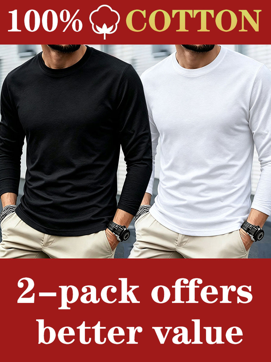 2pcs - 100% Men's Long Sleeve T-Shirt, Fabric, Comfortable and Breathable, Suitable for All Seasons, Essential for Casual Outings, Machine Washable - Combination Color 1