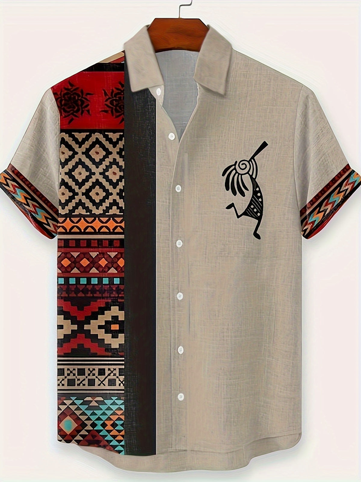 [Printed Design - Not Textured] 2026 Men's Fashion Shirt, Khaki Color, Stylish Casual Ethnic Tribal Totem and Music Note Symbol Pattern Print, Party and Outdoor Wear Top Shirt, Collared Short-Sleeve Casual Shirt - Mixed colors