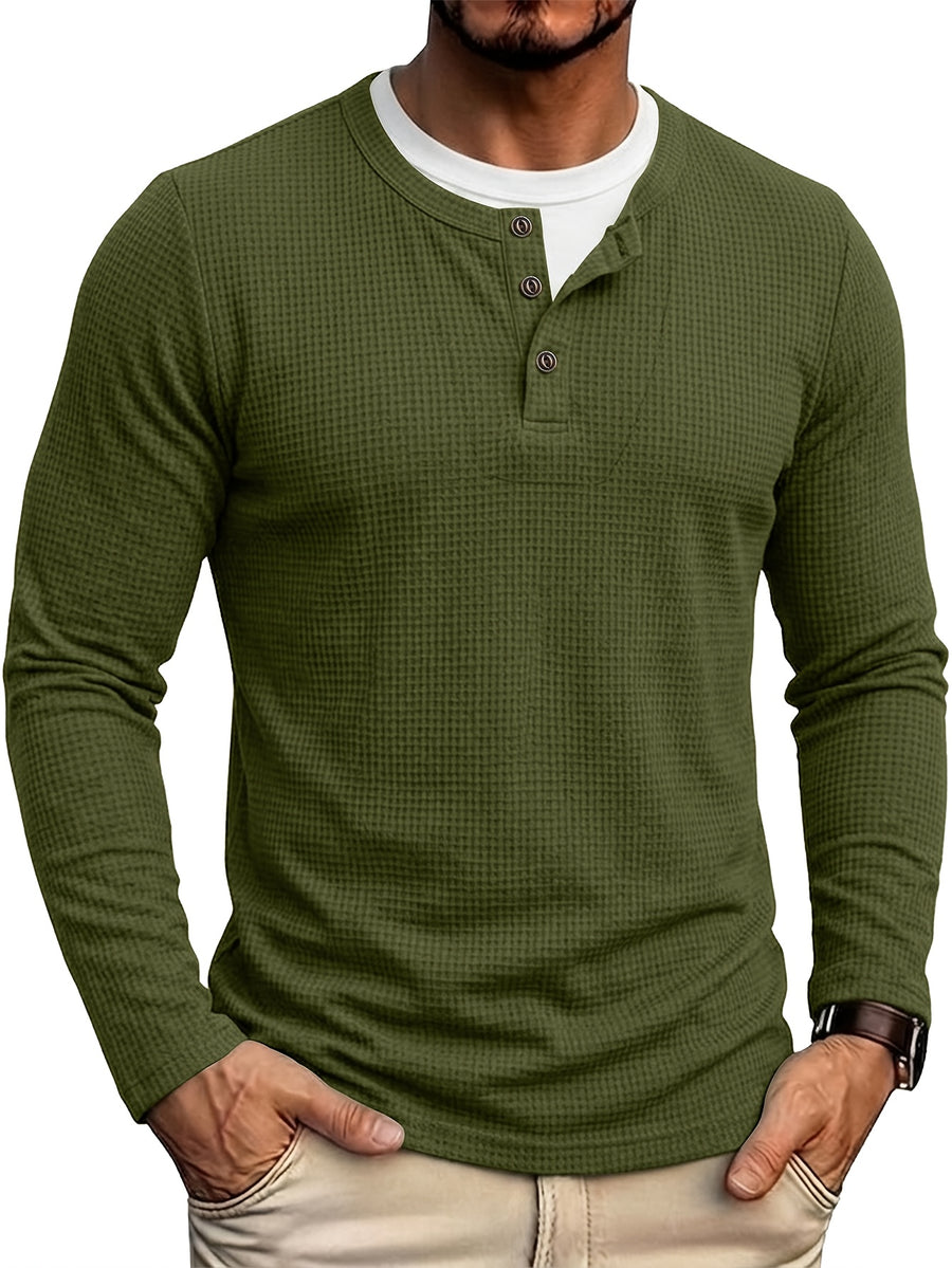 Autumn/Winter Cross-Border Men's Long Sleeve Crew Neck 2-in-1 Look Henley Shirt European and American Men's Pullover Base Layer T-shirt - Olive Green