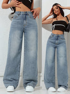 ' Light Blue Straight-Leg Pants - Elastic Waist & Washed Detailing, Solid Light Blue Trousers Suitable for - Wear, Machine Washable Elegant Casual & Dressy Outfits - Light Blue