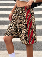 Women'S Y2K Full Leopard Print Side Red Stripe Contrast Casual Shorts, Y2K Fashion, Loose Fit, Suitable for Outdoor Leisure, All Seasons, Comfortable Wear, Summer Essential - Multicolor