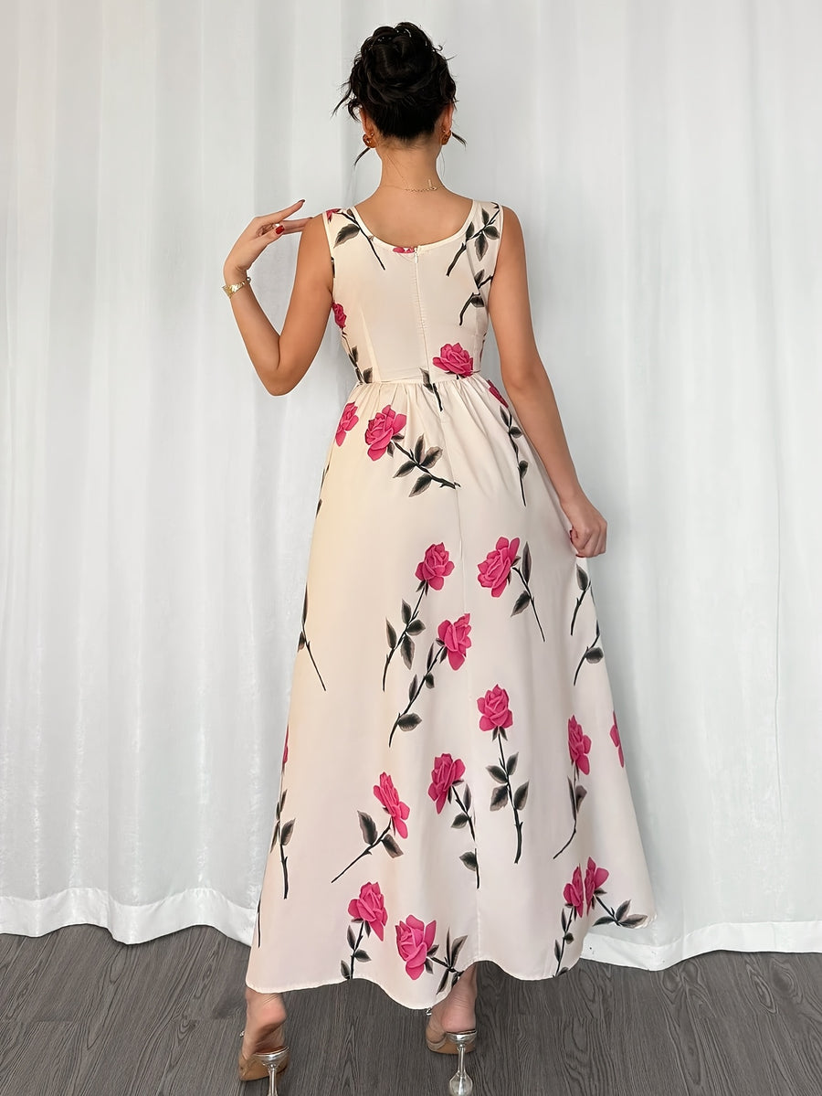 Floral Printed Square Collar Sleeveless Summer Elegant Dress - Red