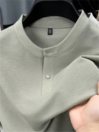 Men'S Henley Shirt Summer New Style, Solid Color Round Neck Top, Half-Button Placket, Button Closure Design, Layering with Thin Jacket, Versatile for Business Office, Golf Sports, Casual Outings, Short Trips, Father'S Day Gift, Men'S Gift - Green
