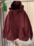 Women'S Cape-Style Hooded Coat, Long Sleeve, with Drawstring, Double Zipper Detail, And Pockets - Burgundy