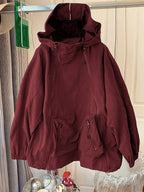 Women'S Cape-Style Hooded Coat, Long Sleeve, with Drawstring, Double Zipper Detail, And Pockets - Burgundy