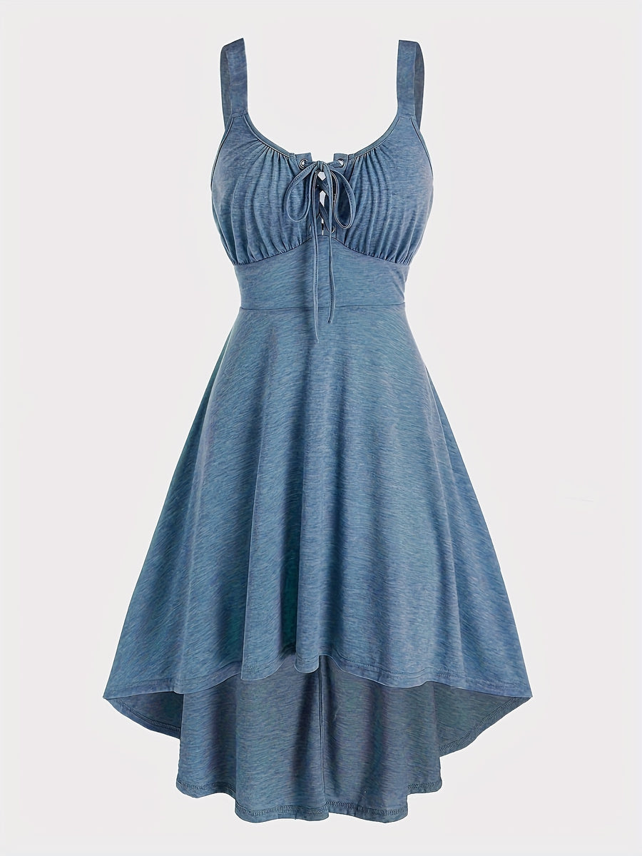 Casual Solid Color, Front Cross Straps with Eye Hook Design, Retro Bust Contour, Short Front Long Back Comfortable Casual, Home, Vacation Dress, Targeted Development - Blue