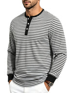 Men'S Spring Autumn Casual Loose Easy Striped Outdoor Commuter Long Sleeve Henley Shirt - Light Grey