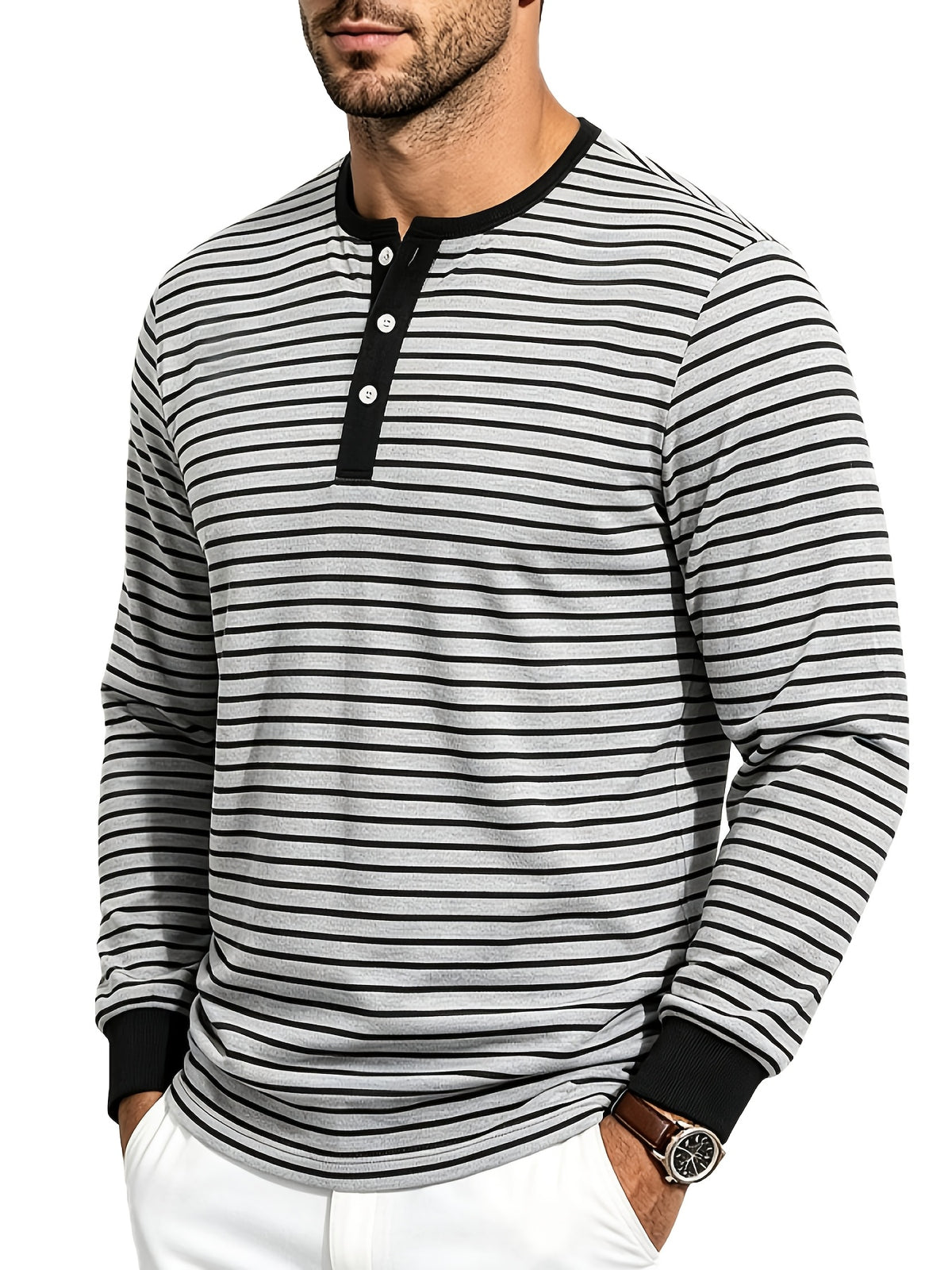 Men'S Spring Autumn Casual Loose Easy Striped Outdoor Commuter Long Sleeve Henley Shirt - Light Grey