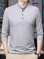 New Spring/Autumn Men's Stand Collar Long Sleeve T-Shirt, Casual Business, Dad's Outfit, Pure Top, Holiday Gift - Granny Gray
