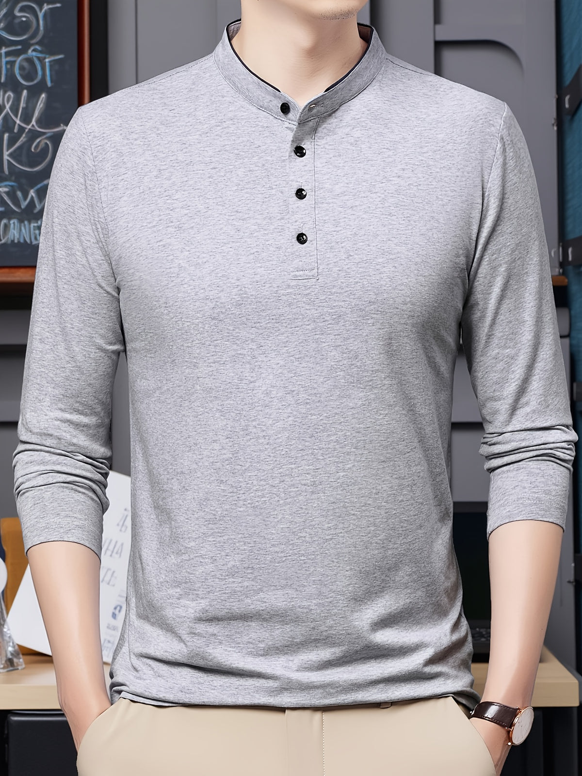 New Spring/Autumn Men's Stand Collar Long Sleeve T-Shirt, Casual Business, Dad's Outfit, Pure Top, Holiday Gift - Granny Gray
