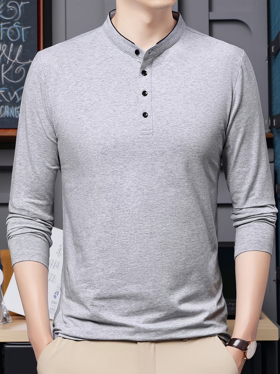 New Spring/Autumn Men's Stand Collar Long Sleeve T-Shirt, Casual Business, Dad's Outfit, Pure Top, Holiday Gift - Granny Gray