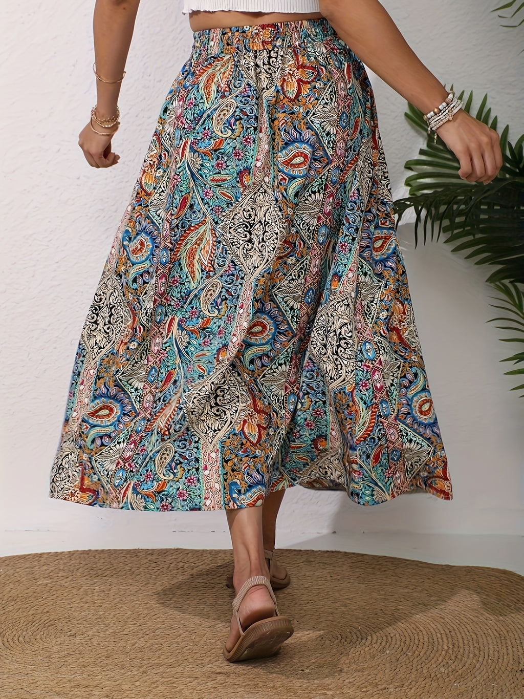 Women's Floral Elastic Waist Slit Skirt - Multicolor
