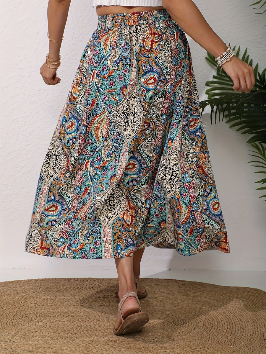 Women's Floral Elastic Waist Slit Skirt - Multicolor